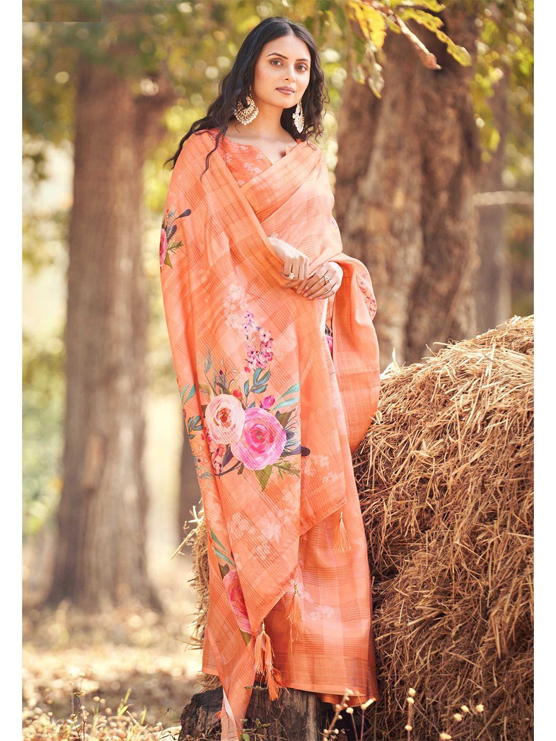 mitera orange & pink floral printed zari pure cotton saree