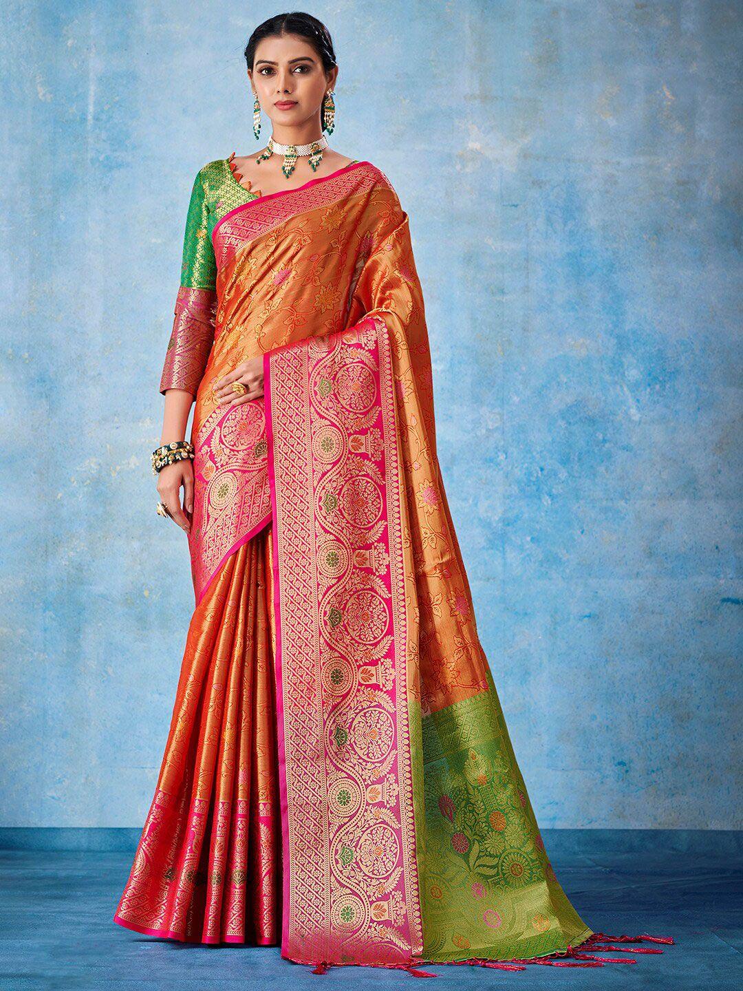 mitera orange & pink floral woven design zari kanjeevaram saree