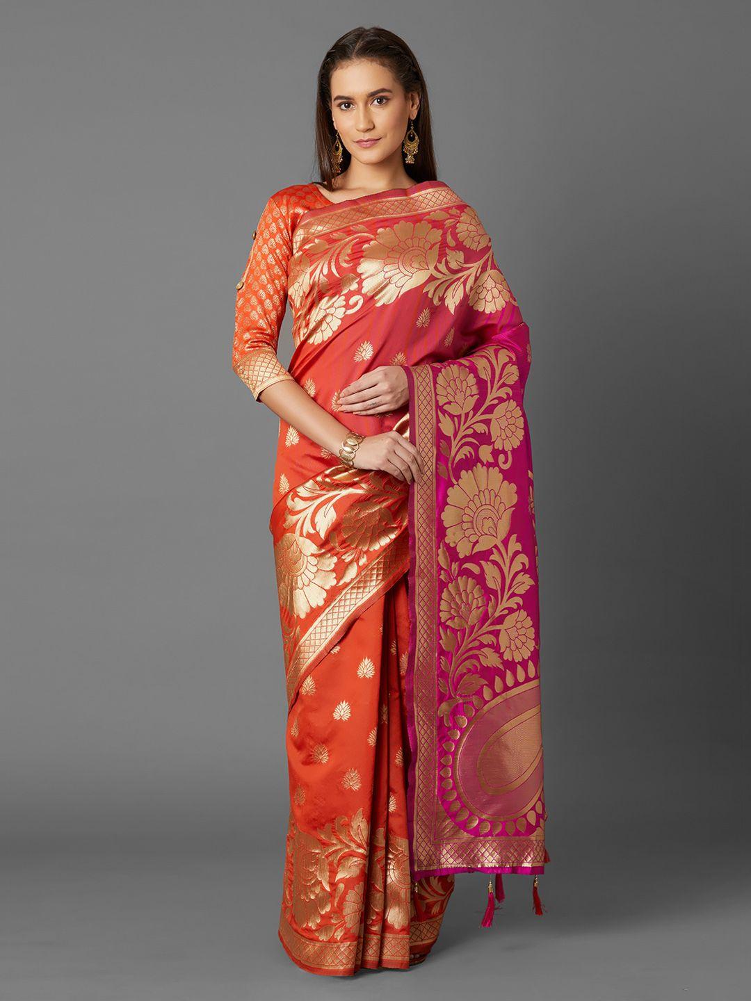 mitera orange & pink silk blend woven design kanjeevaram saree