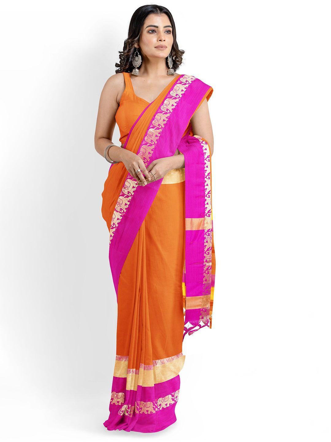 mitera orange & pink zari silk cotton banarasi saree