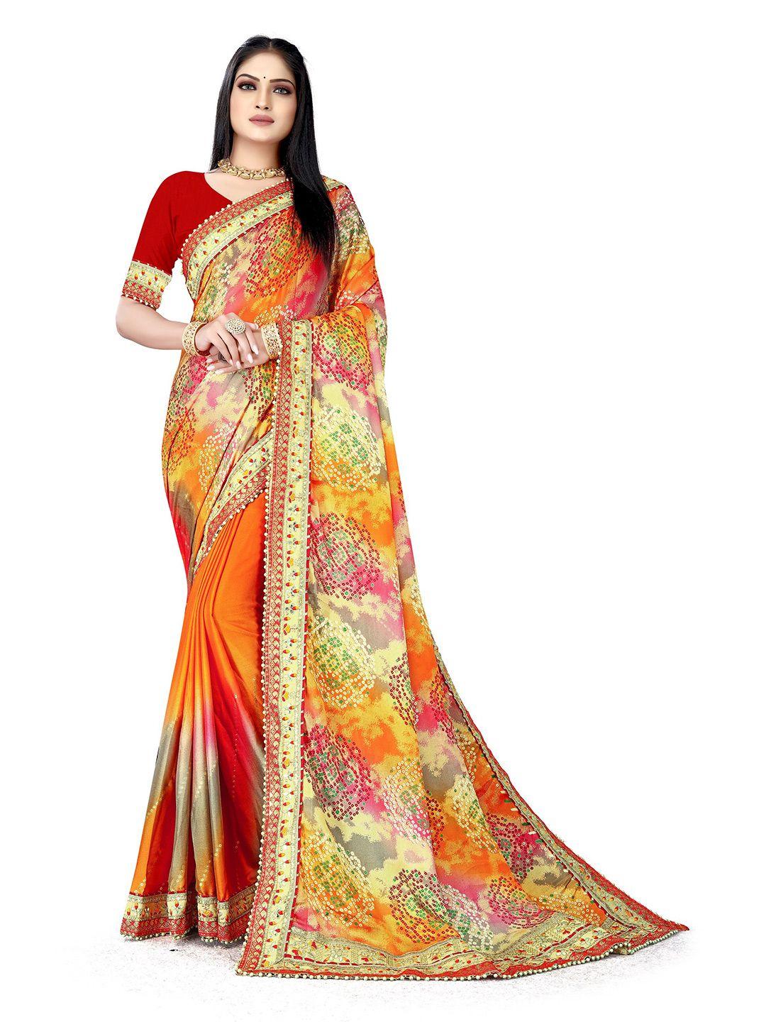 mitera orange & red bandhani embroidered pure chiffon saree