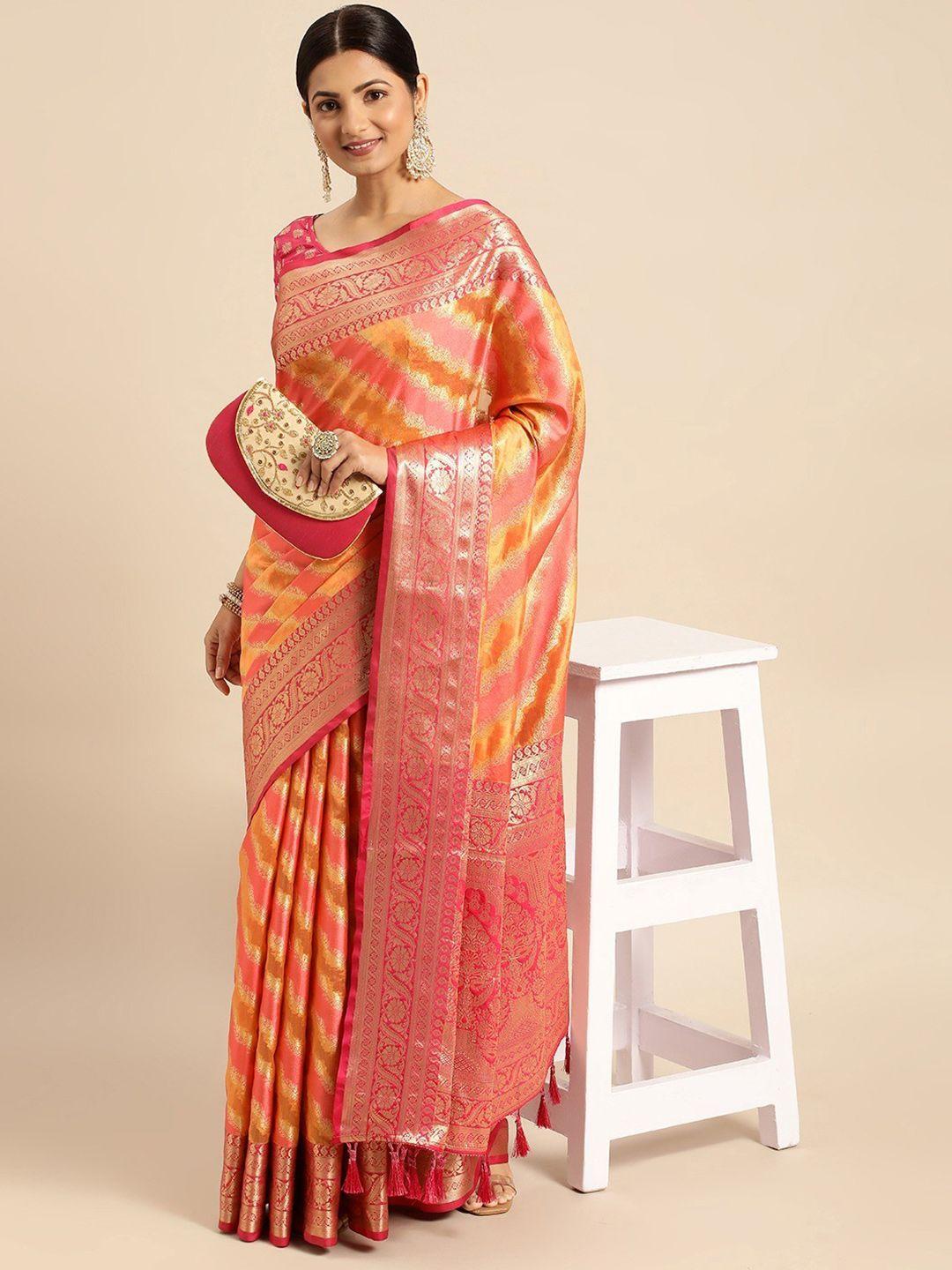 mitera orange & red ethnic motifs woven design zari organza banarasi saree