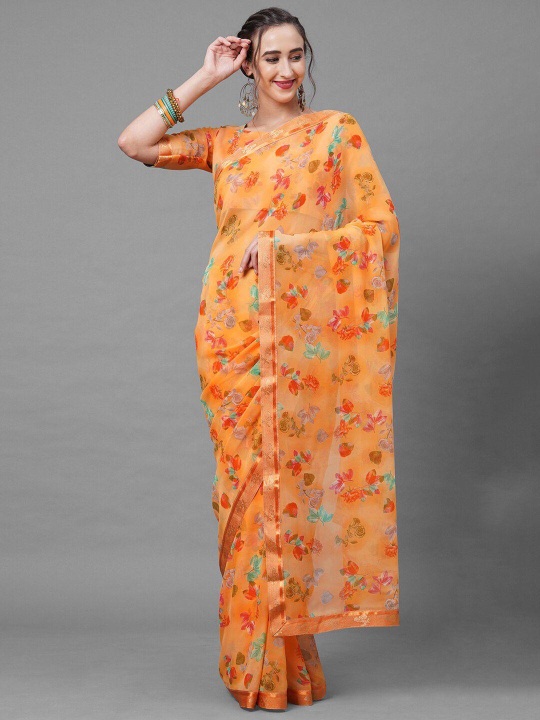 mitera orange & red floral zari saree