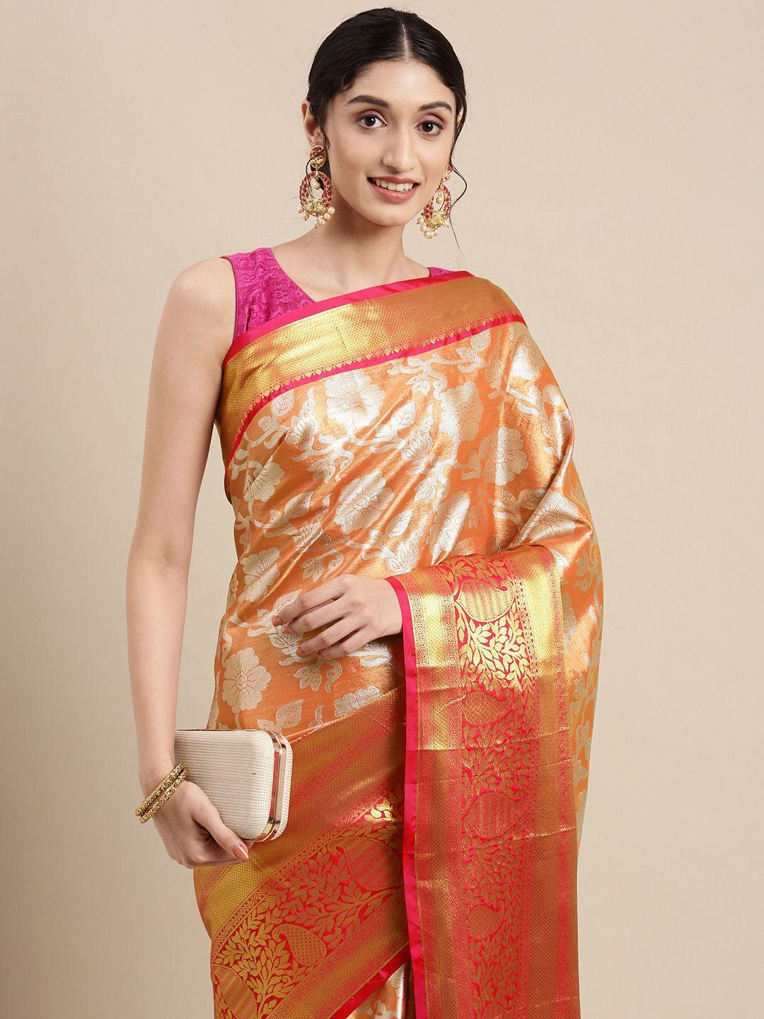 mitera orange & silver floral zari tissue celebrity banarasi saree