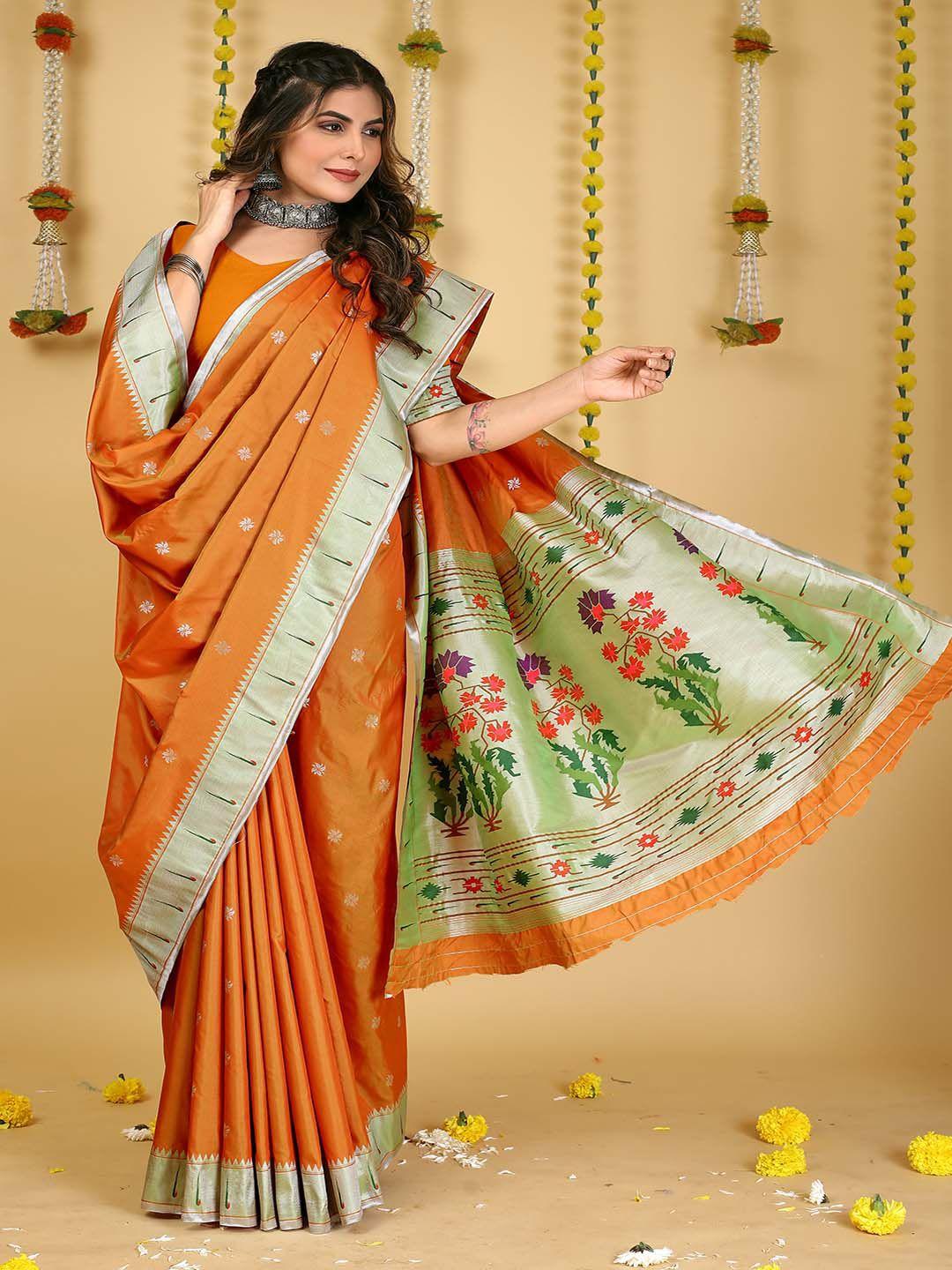 mitera orange & silver-toned ethnic motifs zari art silk saree