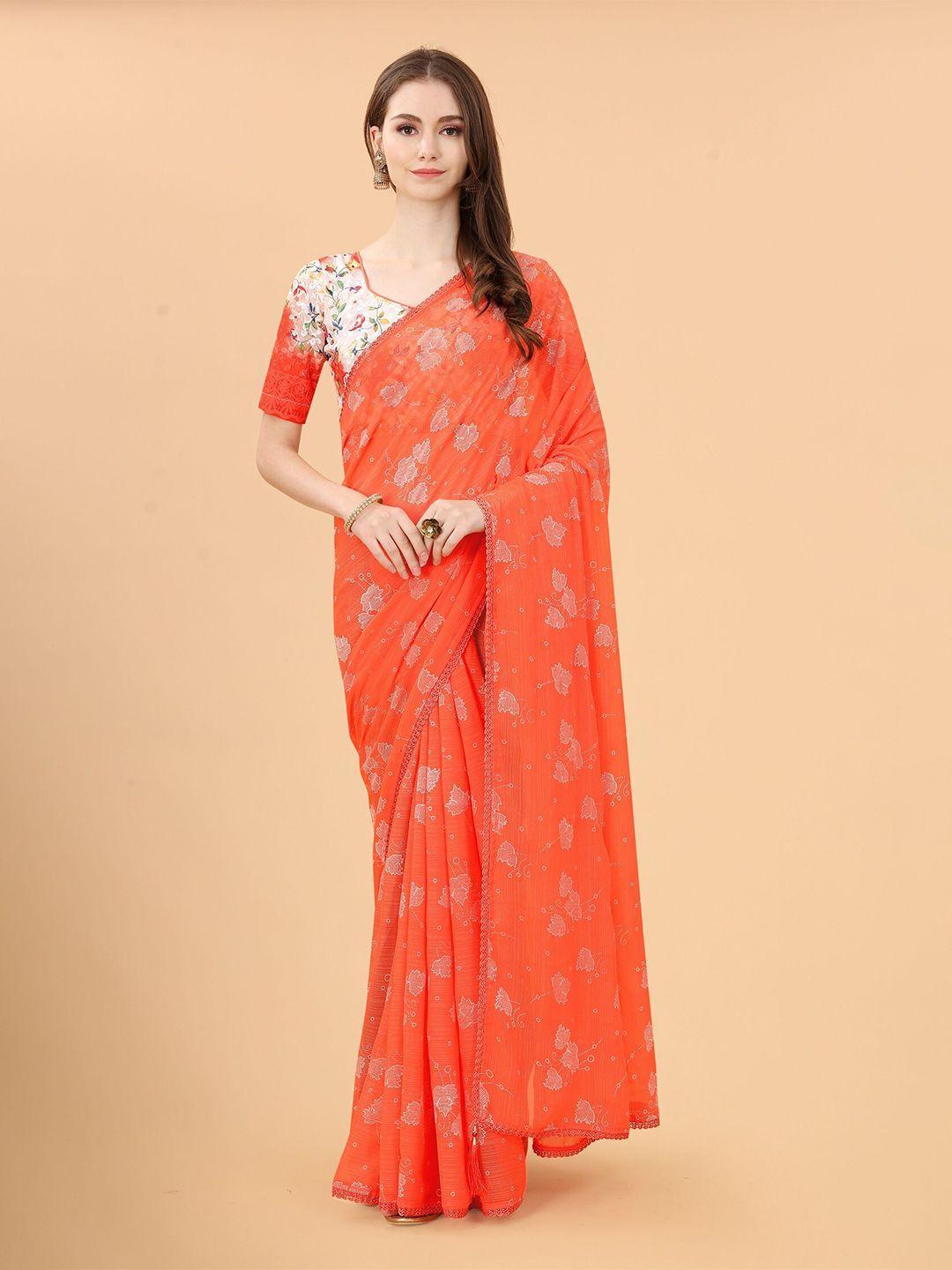 mitera orange & white floral pure linen saree