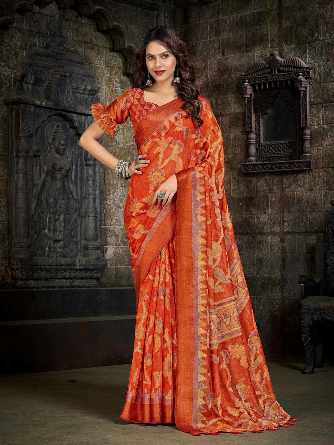 mitera orange & yellow floral pure linen jamdani saree