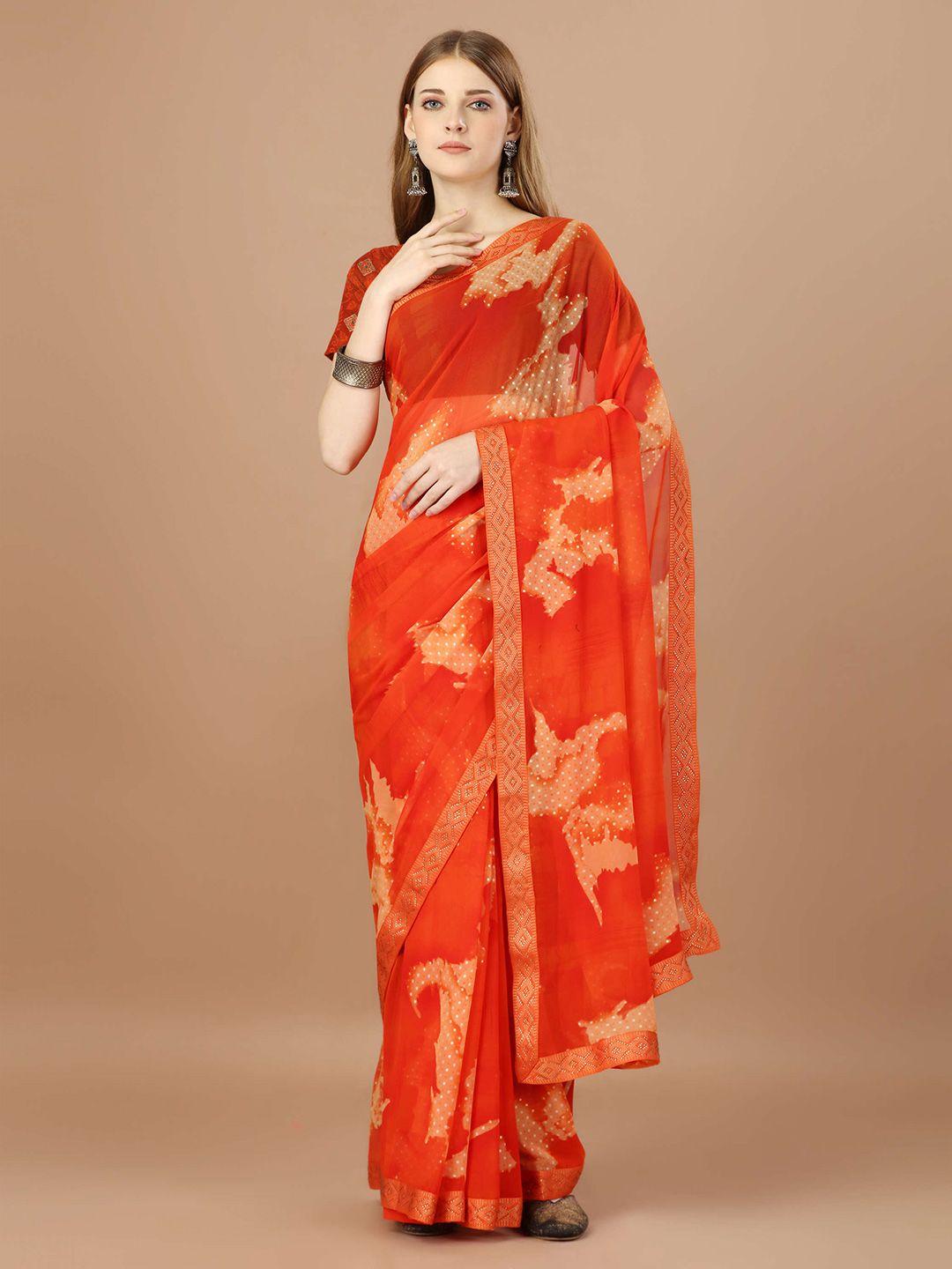 mitera orange abstract printed beads & stones pure georgette saree