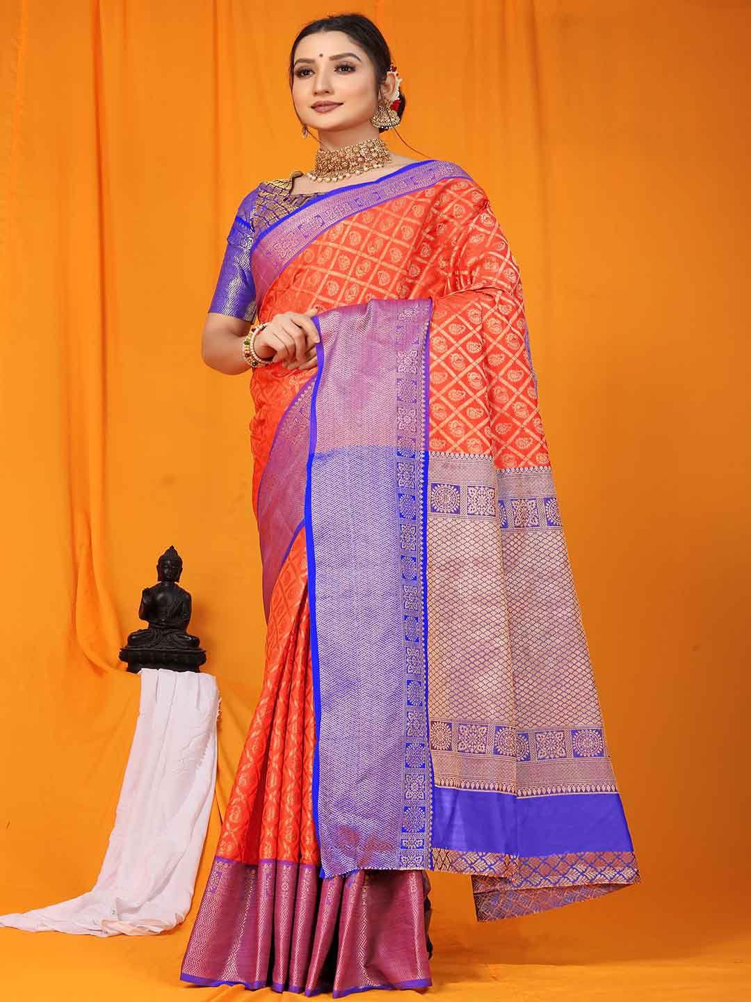 mitera orange and blue ethnic motifs woven design zari saree