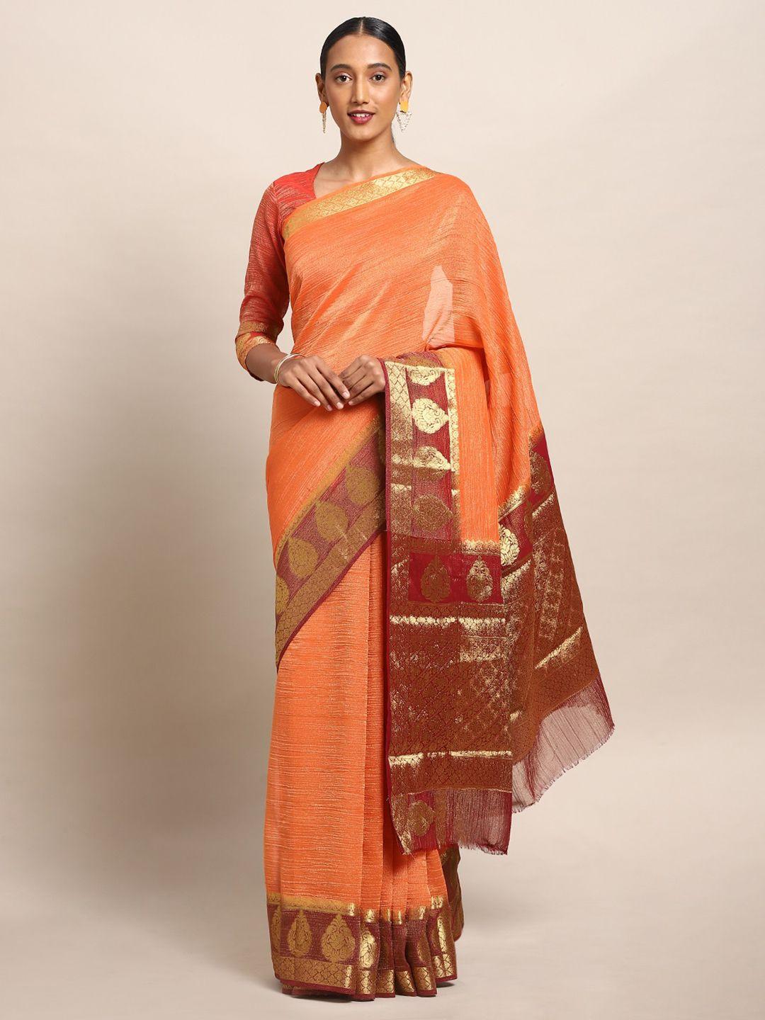 mitera orange art silk solid kanjeevaram saree