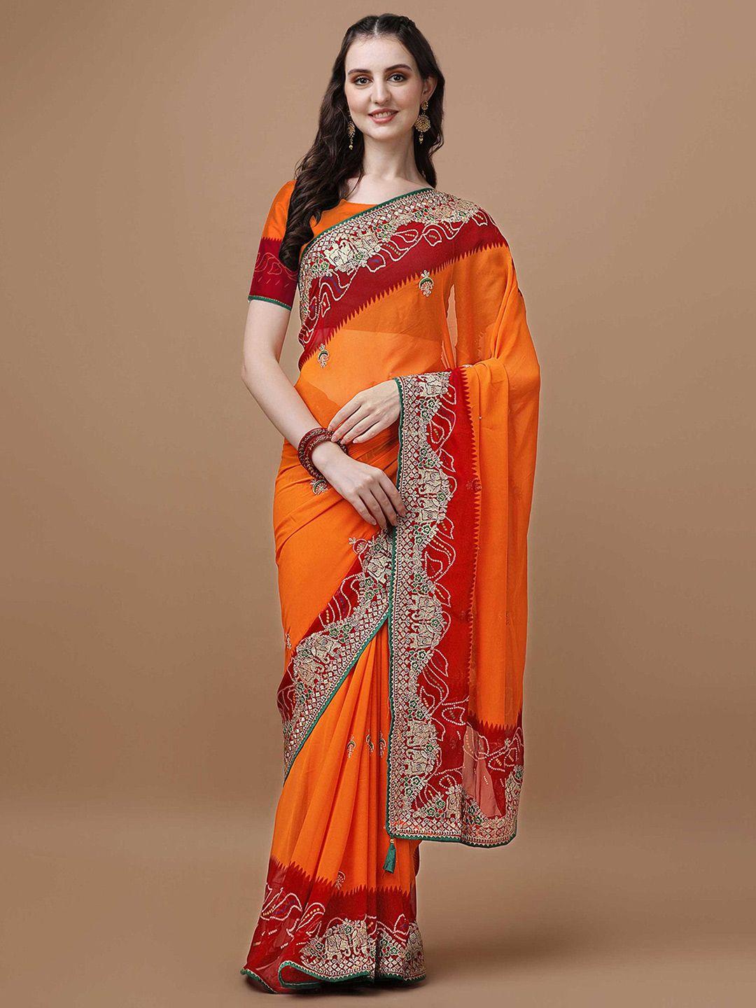 mitera orange bandhani poly georgette designer bandhani saree