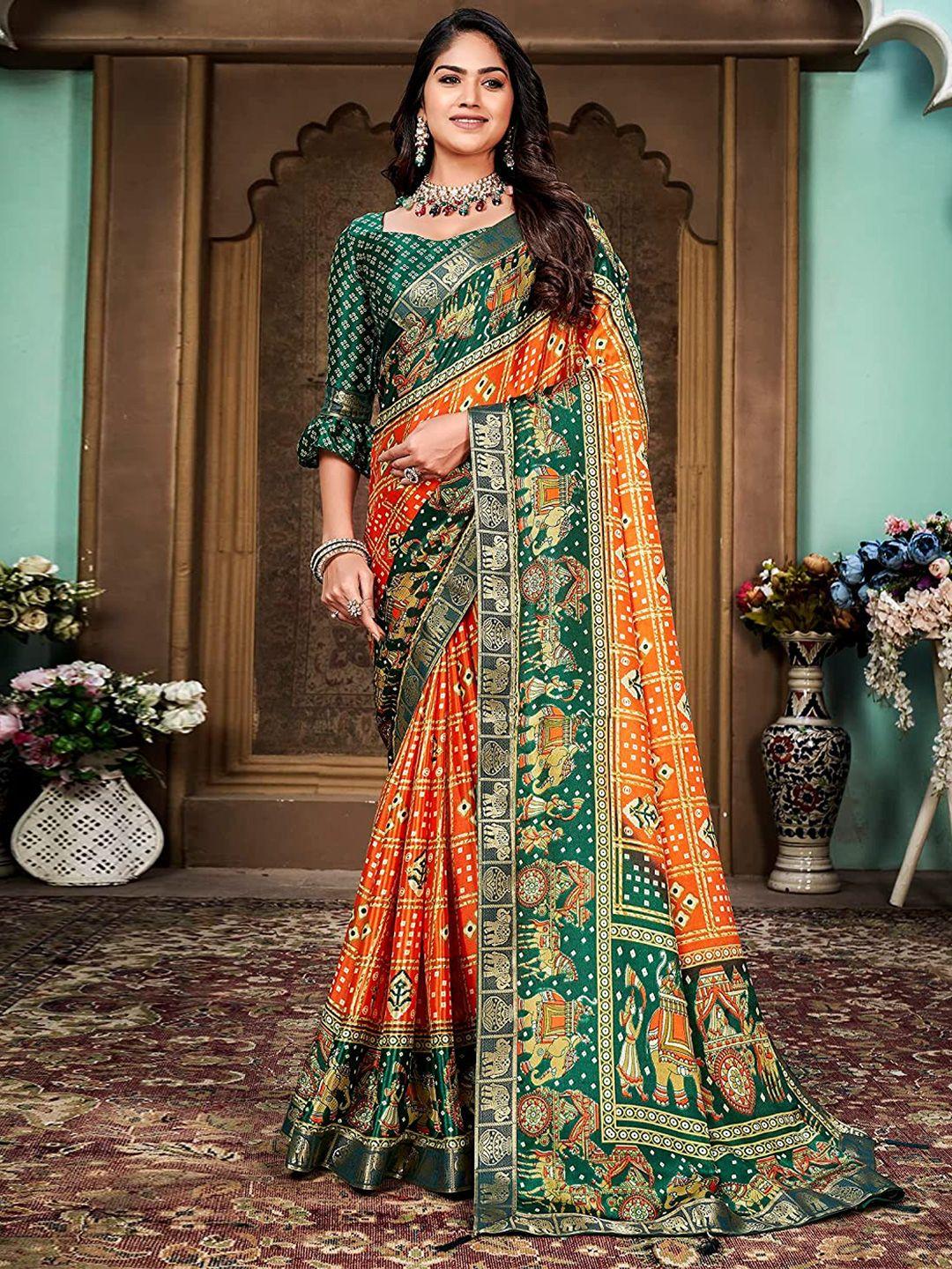 mitera orange bandhani printed silk cotton banarasi saree