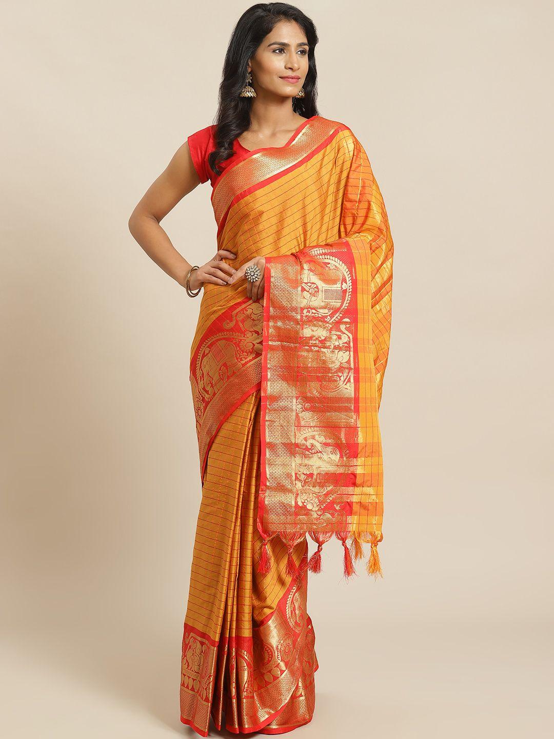 mitera orange checked banarasi saree