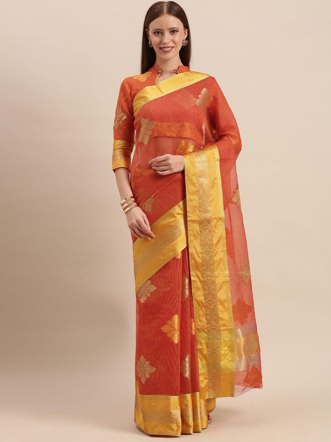 mitera orange cotton blend woven design kanjeevaram saree