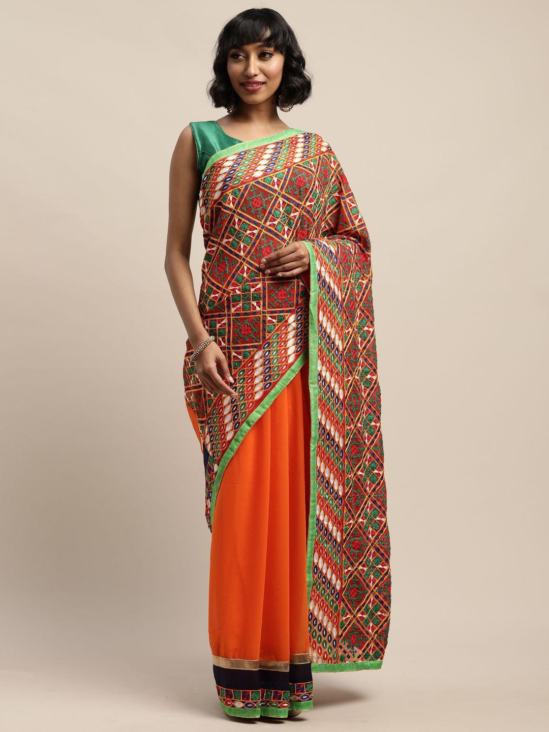 mitera orange embroidered pure georgette saree