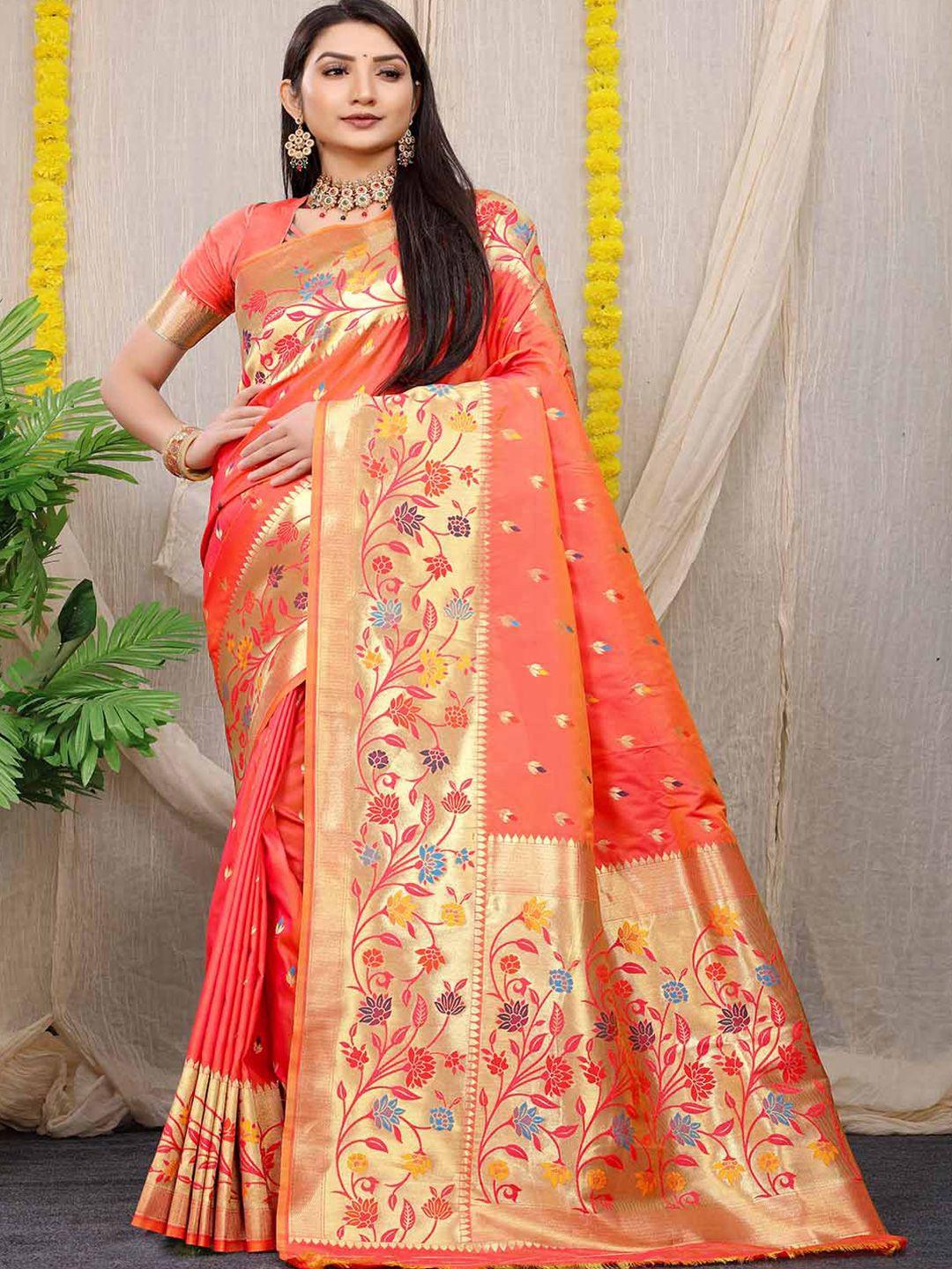 mitera orange ethnic motifs woven design art silk saree