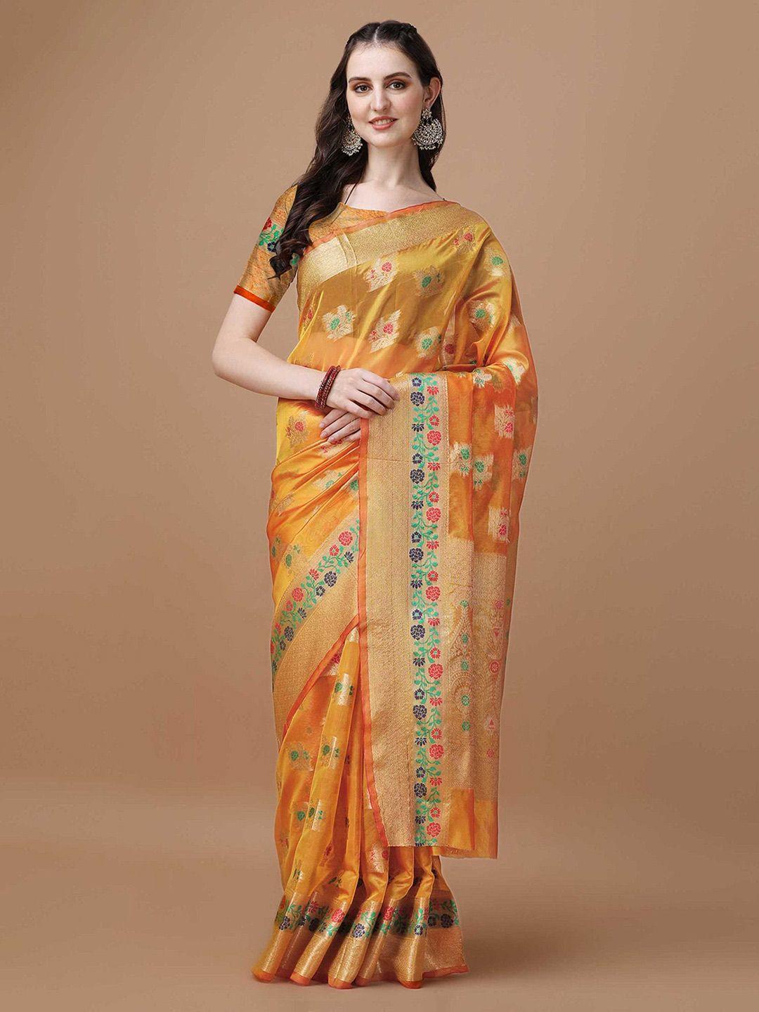 mitera orange ethnic motifs zari organza saree