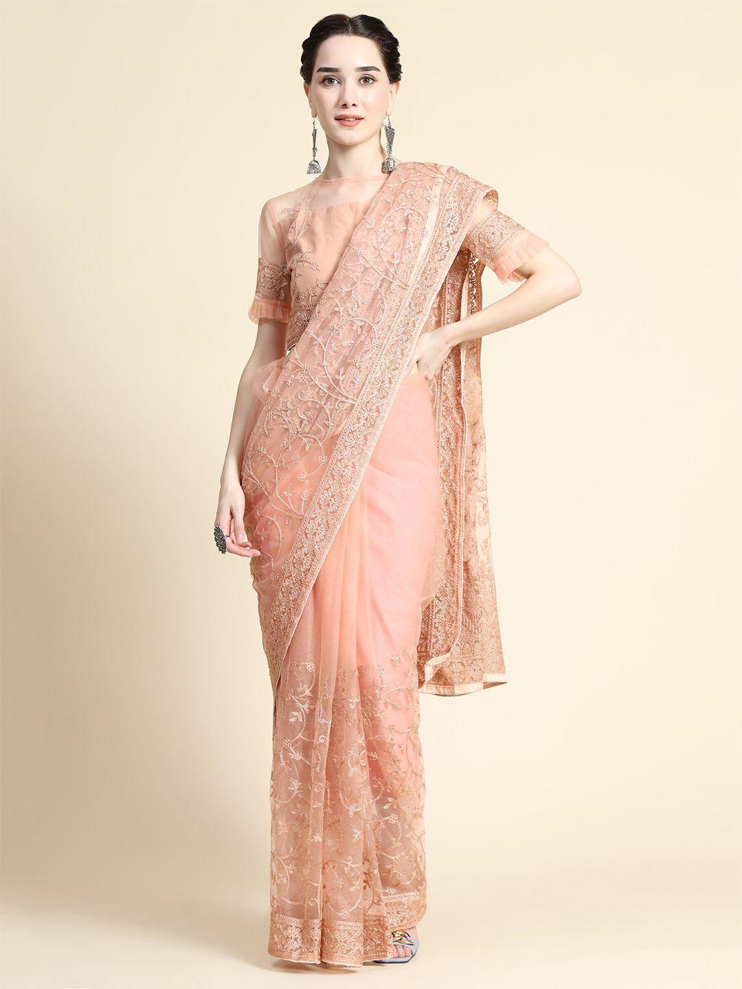 mitera orange floral embroidered net heavy work saree