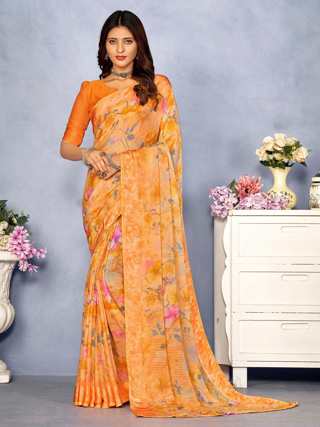 mitera orange floral pure chiffon designer bagru saree