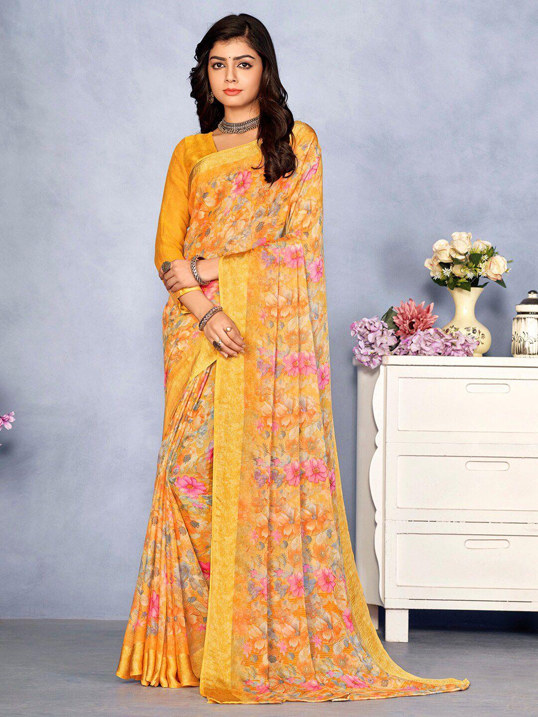 mitera orange floral pure chiffon designer bagru saree