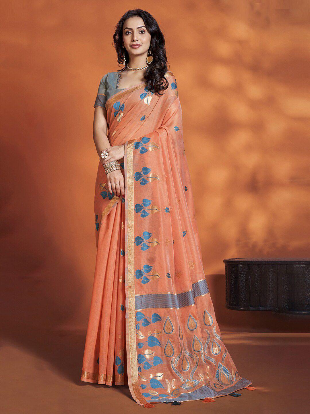 mitera orange floral zari designer banarasi saree