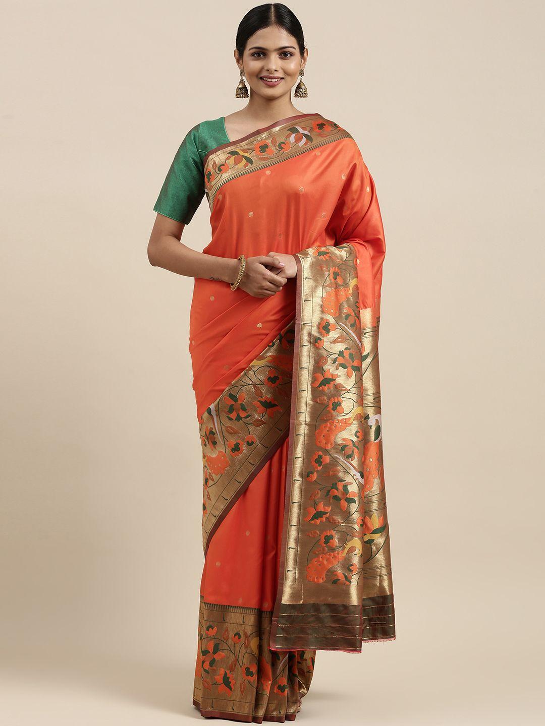 mitera orange floral zari silk blend paithani saree