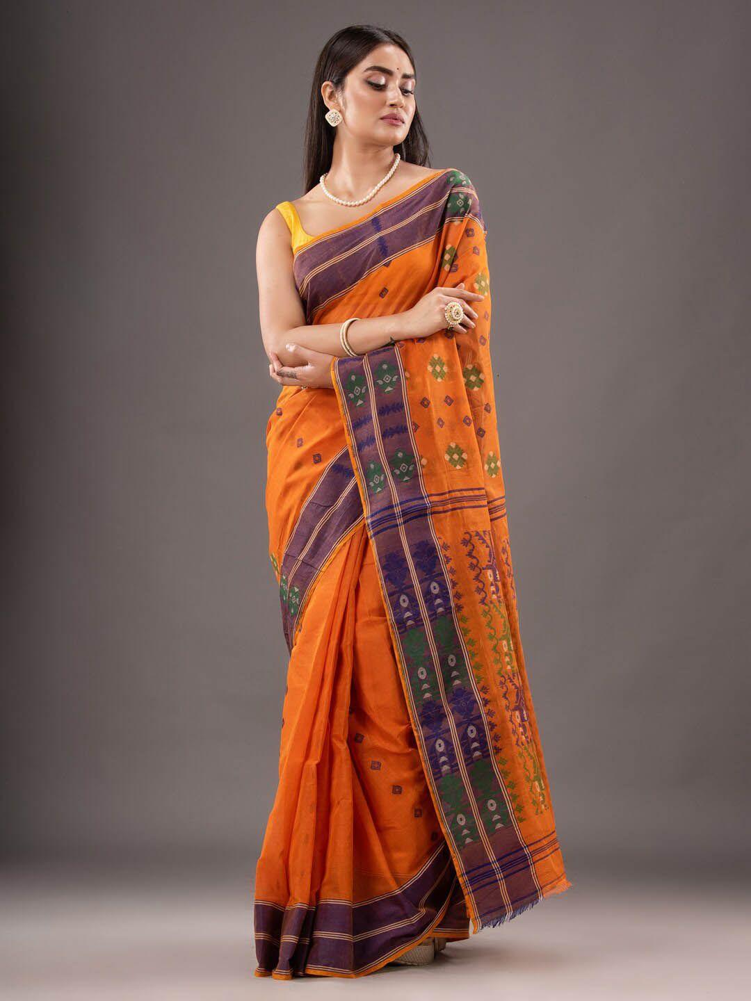 mitera orange printed zari pure cotton saree