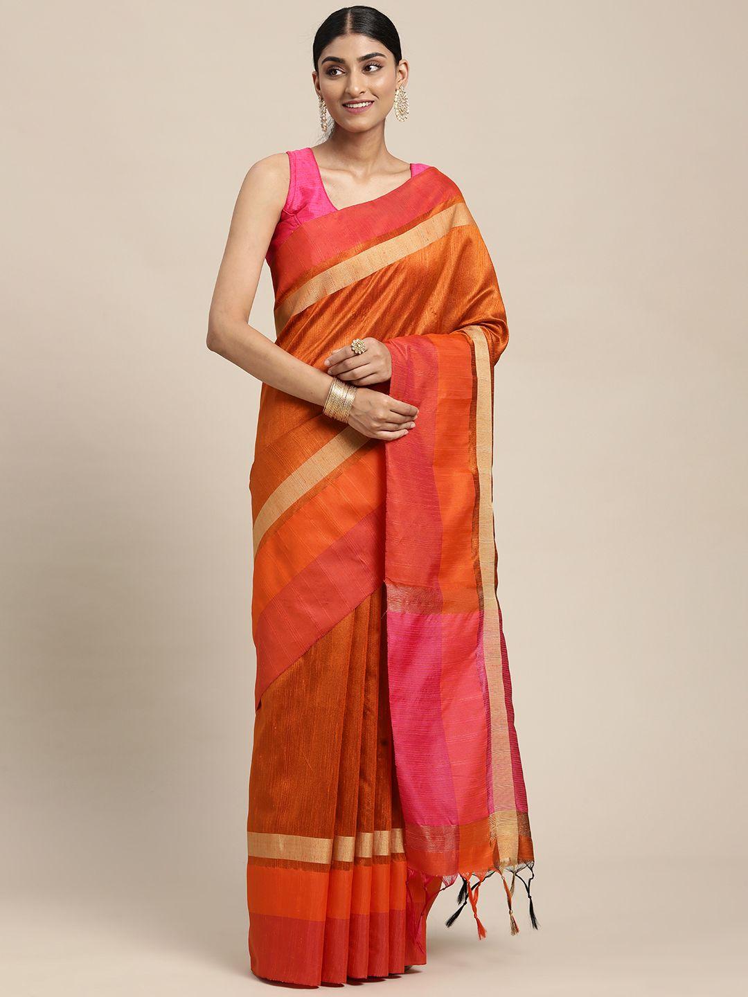 mitera orange silk blend saree with contrast pallu