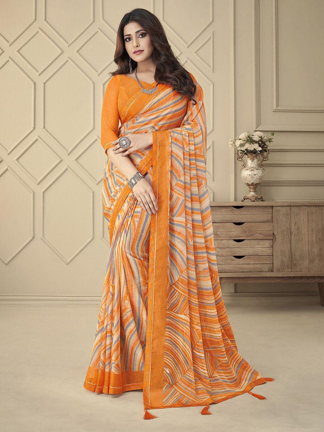 mitera orange striped poly chiffon saree