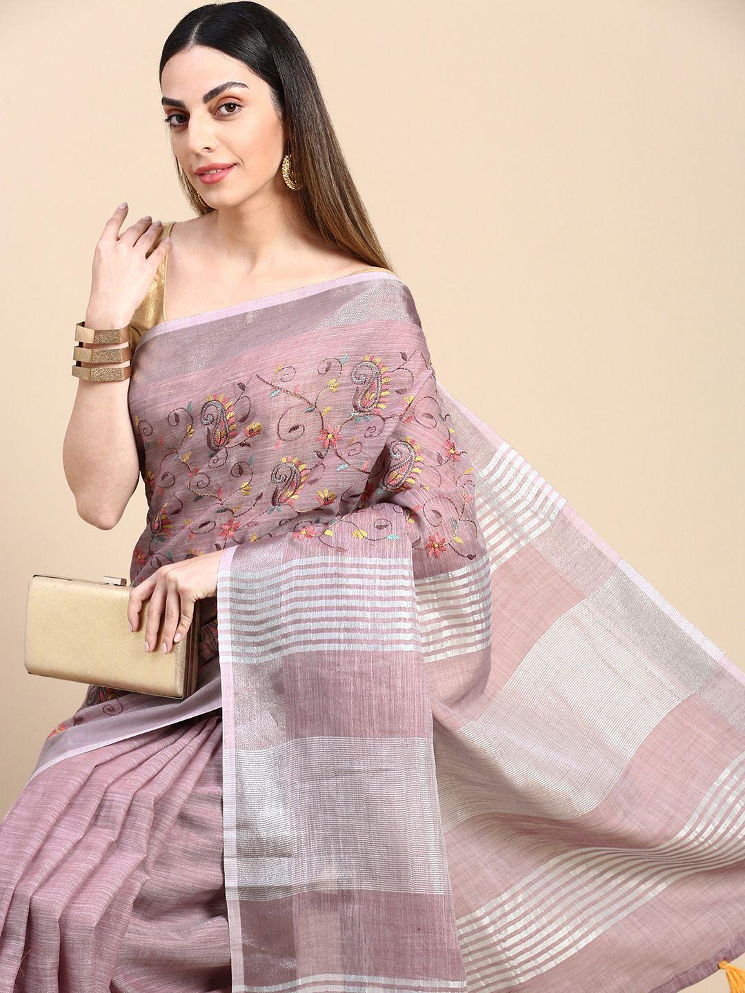 mitera paisley embroidered linen blend saree