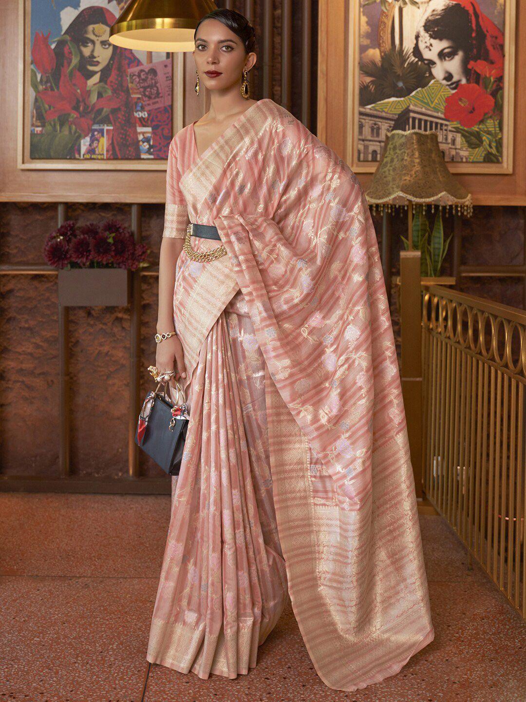 mitera peach & gold floral zari silk blend banarasi saree