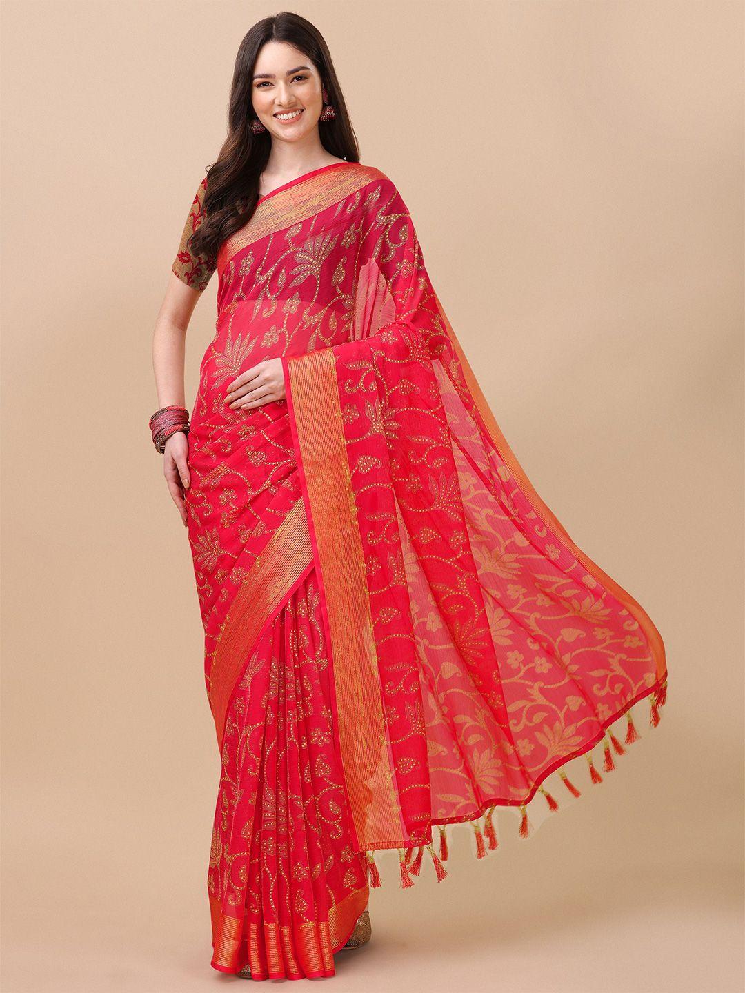 mitera peach-coloured & beige floral printed saree