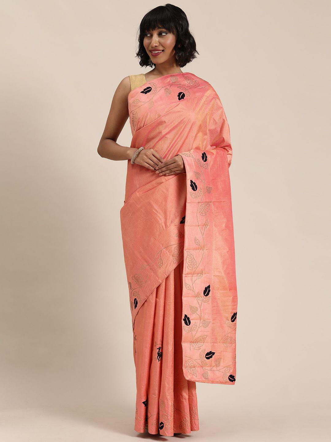 mitera peach-coloured & black poly silk embellished saree