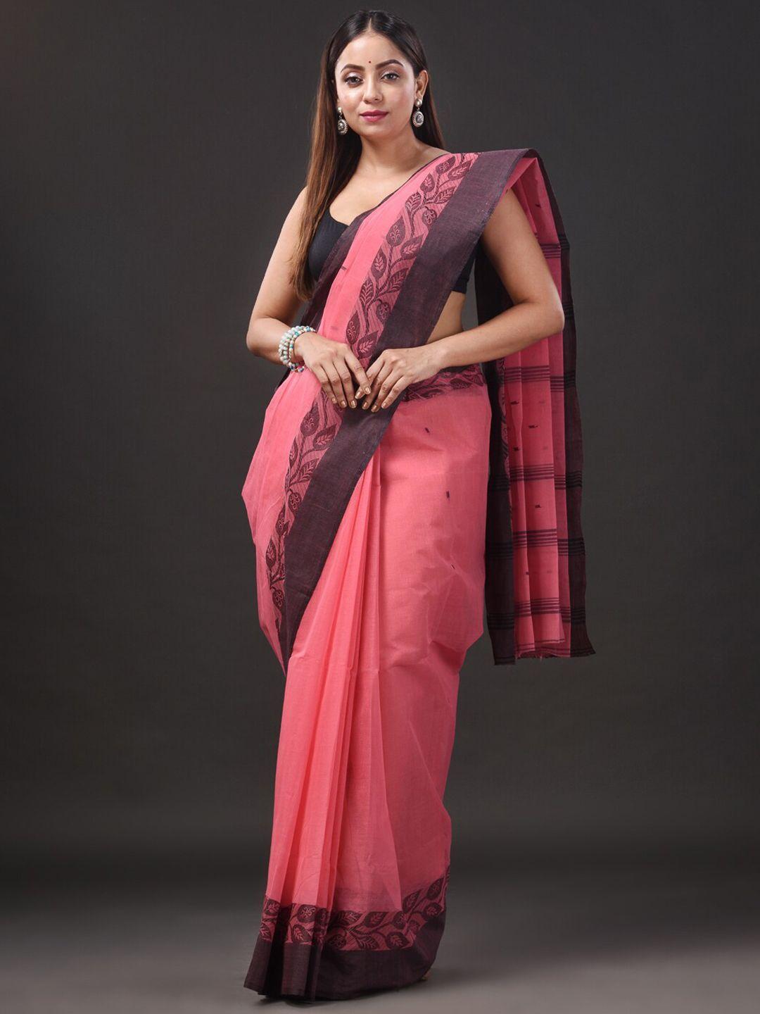 mitera peach-coloured & black pure cotton taant saree