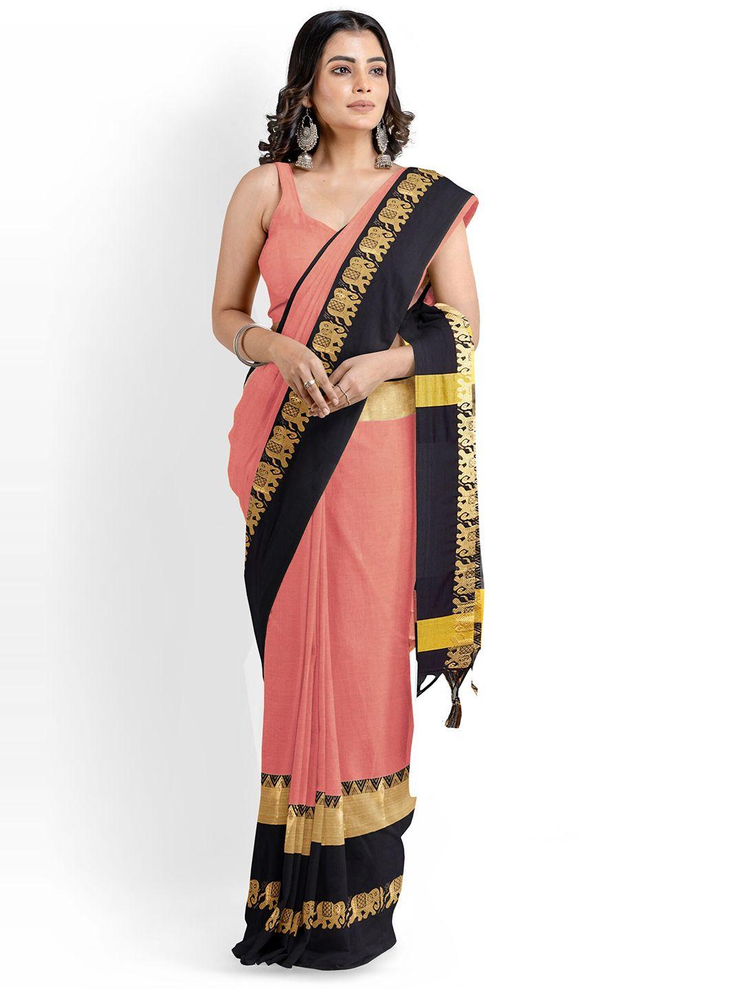 mitera peach-coloured & black zari silk cotton banarasi saree
