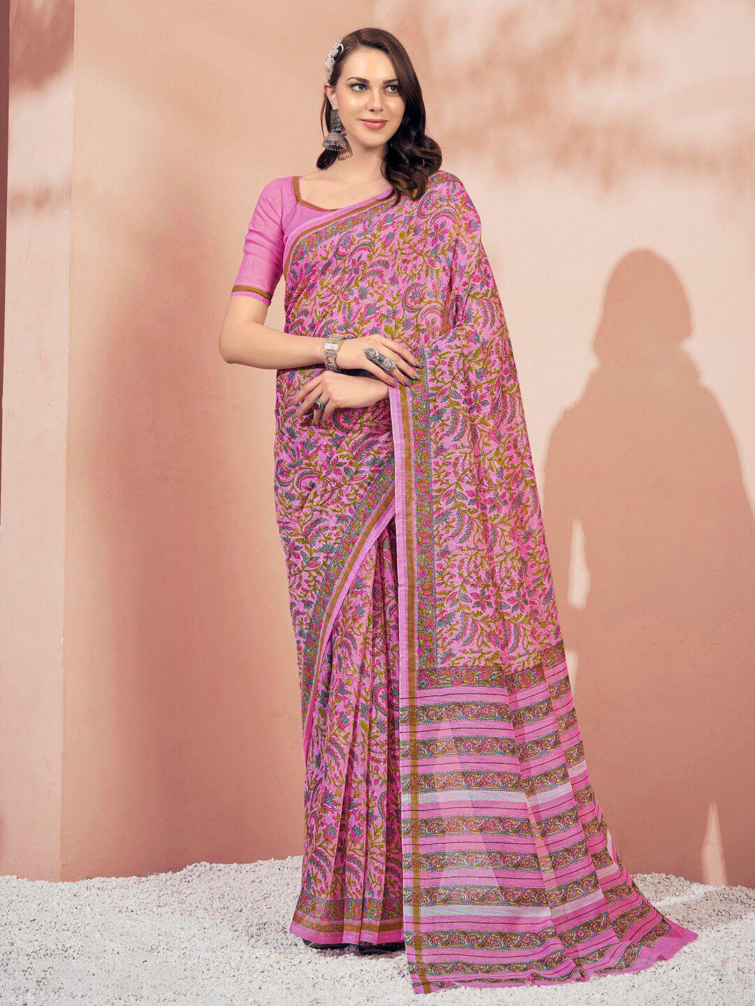 mitera peach-coloured & blue floral printed saree