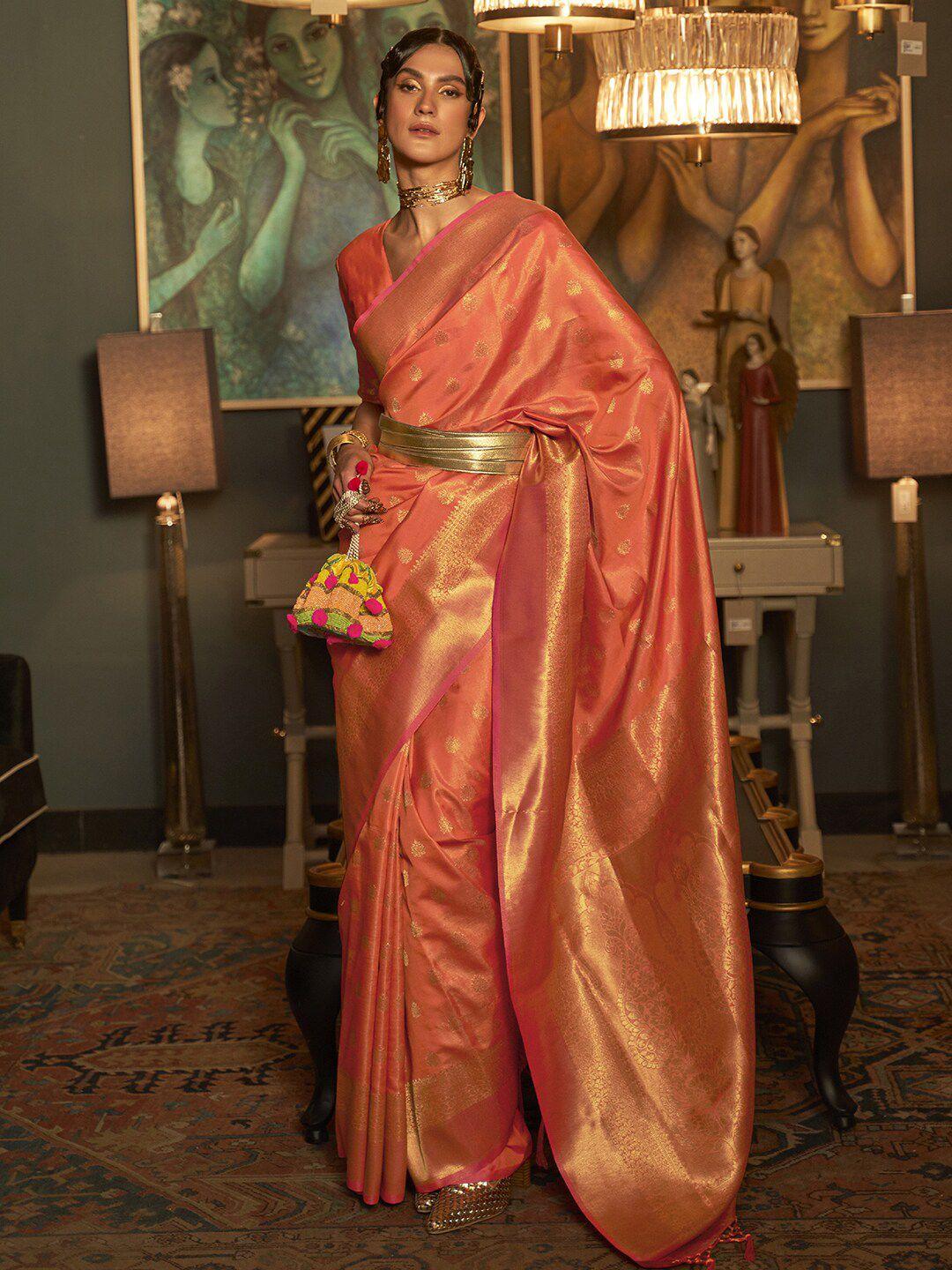 mitera peach-coloured & gold-toned bagh zari bagru saree