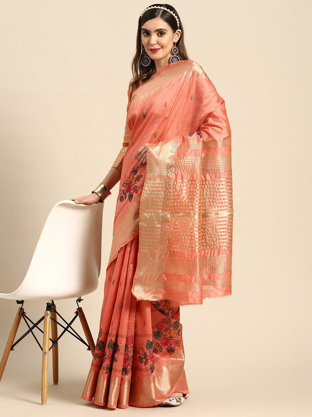 mitera peach-coloured & gold-toned ethnic motifs embroidered silk cotton saree