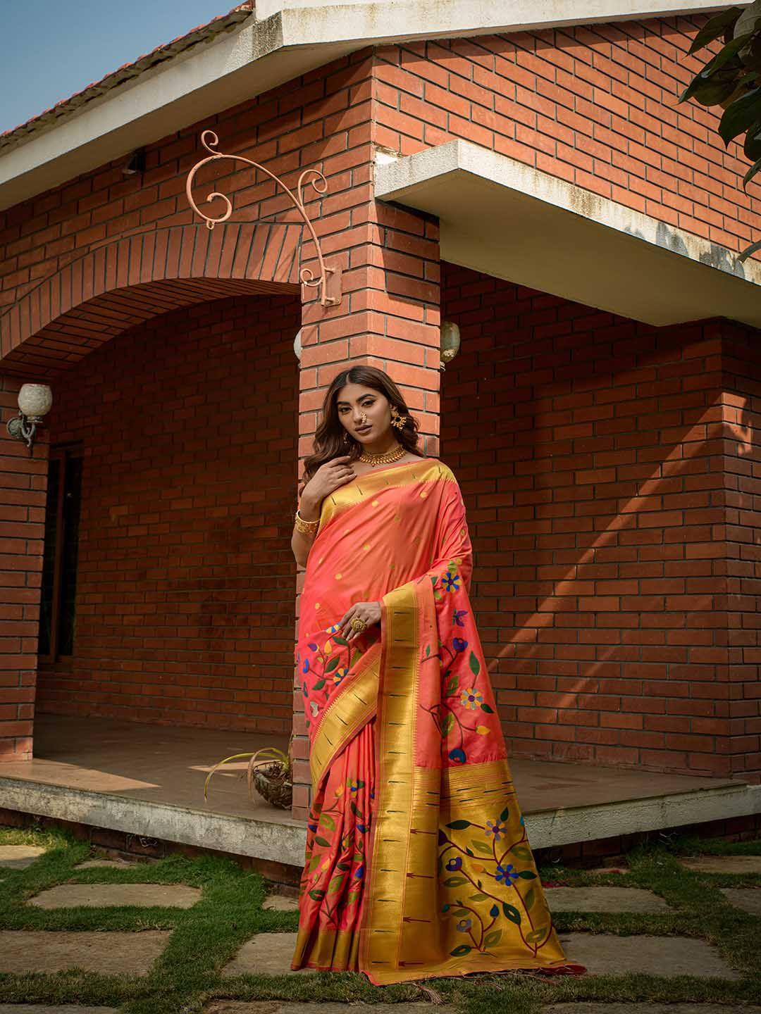 mitera peach-coloured & gold-toned ethnic motifs woven design zari saree