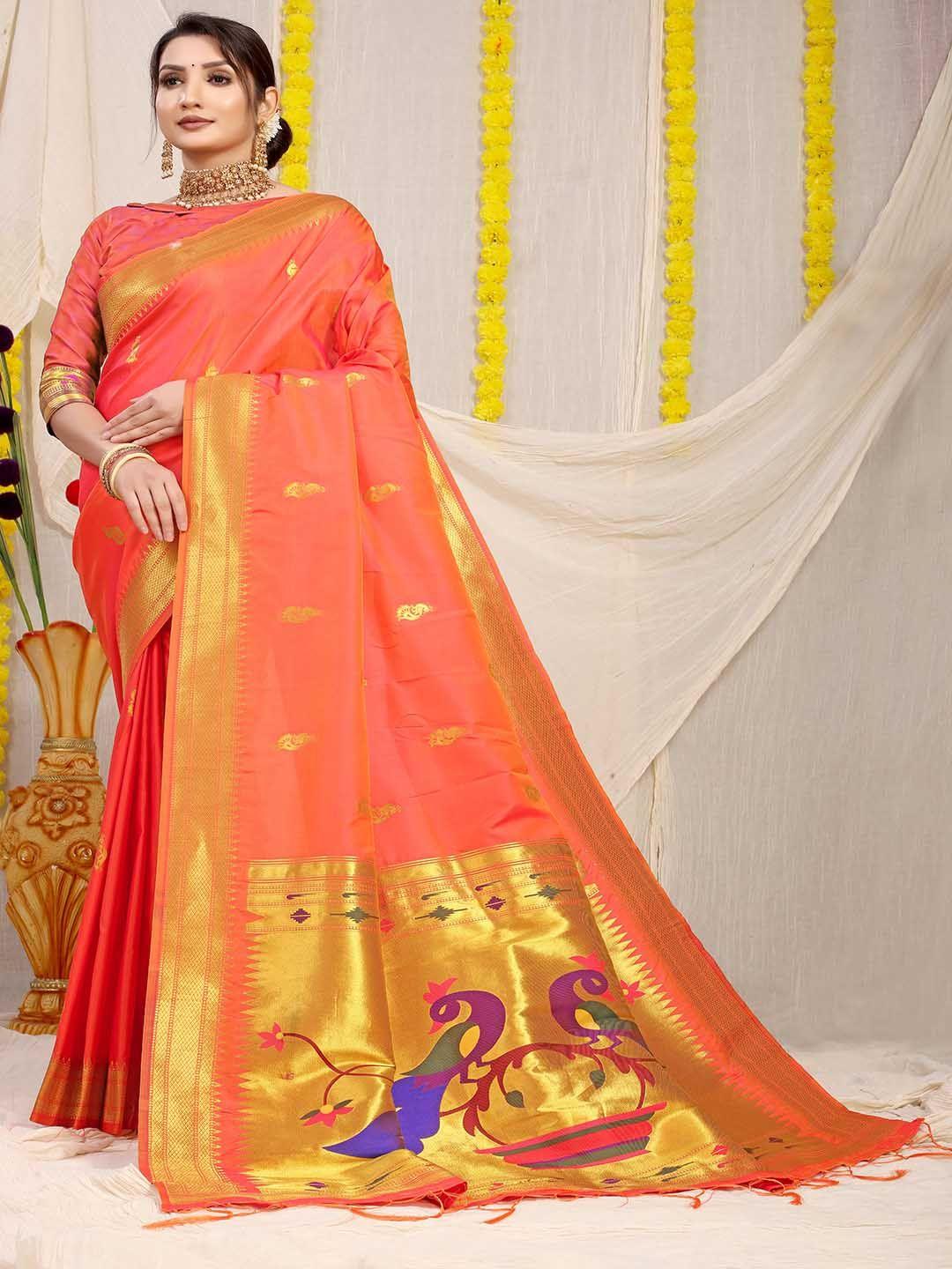 mitera peach-coloured & gold-toned ethnic motifs woven design zari silk saree