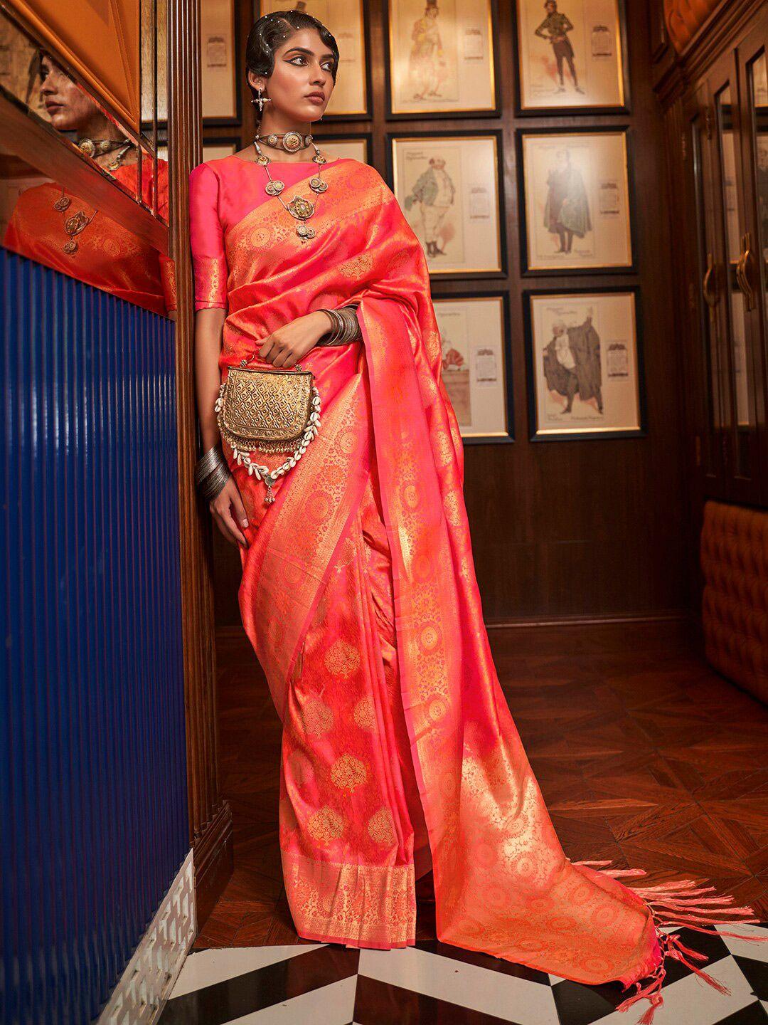 mitera peach-coloured & gold-toned ethnic motifs zari silk blend banarasi saree