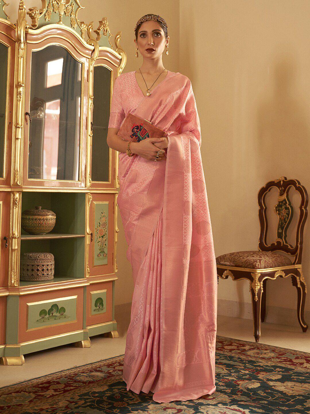 mitera peach-coloured & gold-toned ethnic motifs zari silk blend banarasi saree