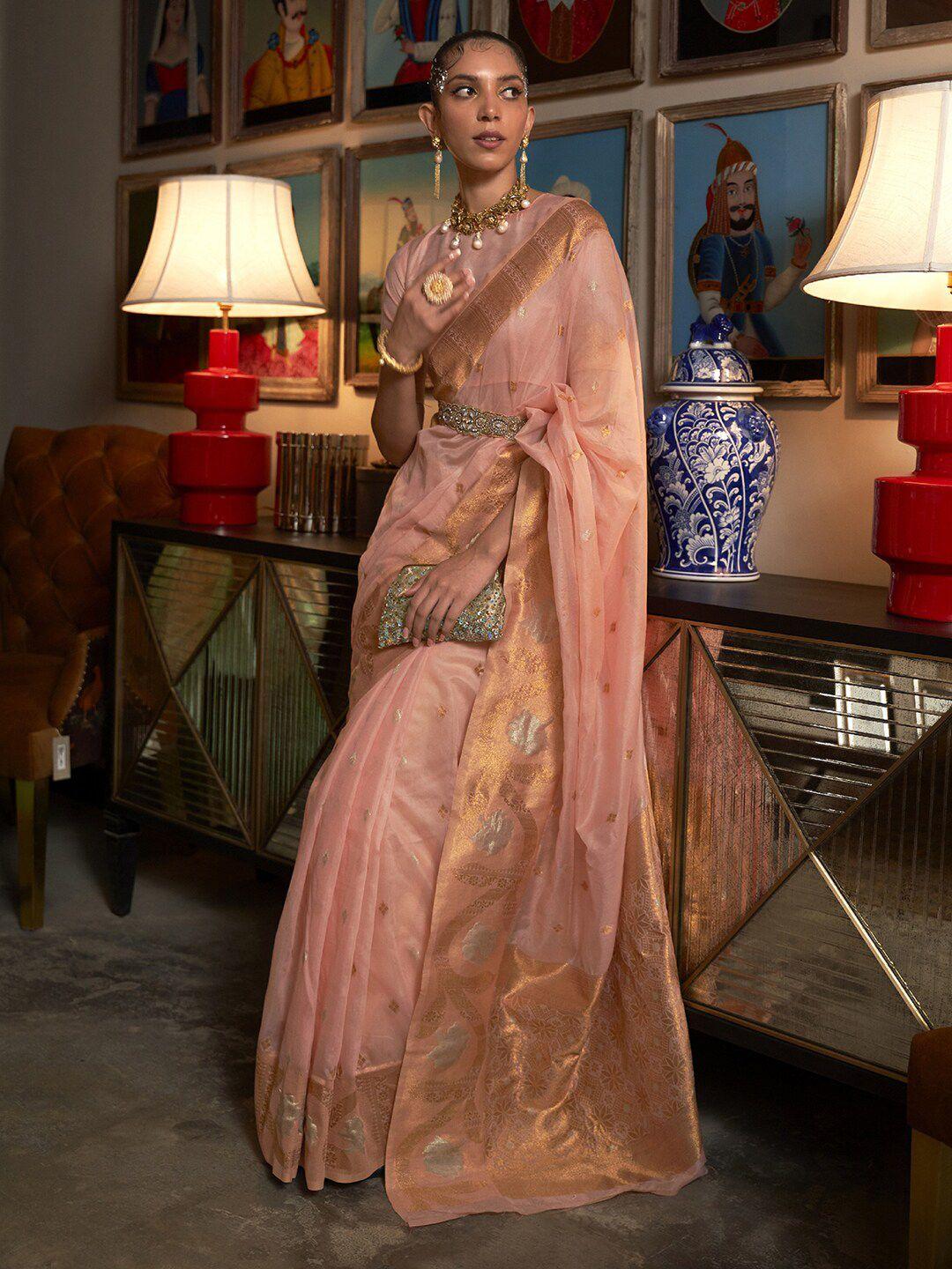 mitera peach-coloured & gold-toned ethnic motifs zari silk blend banarasi saree