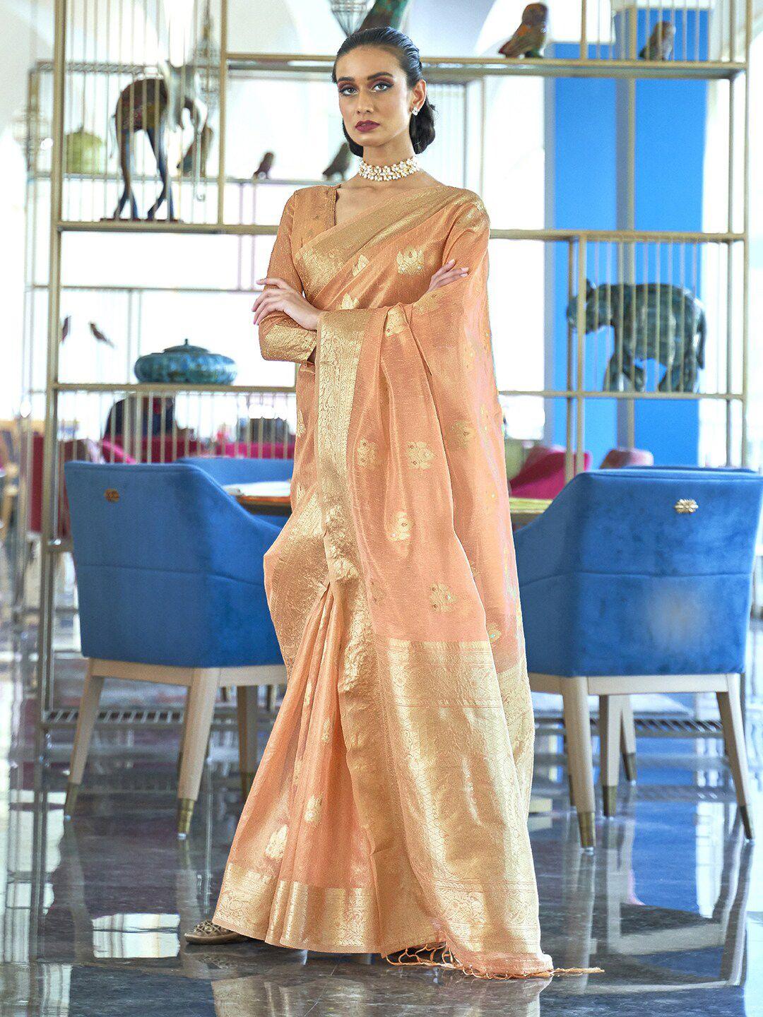 mitera peach-coloured & gold-toned floral zari banarasi saree