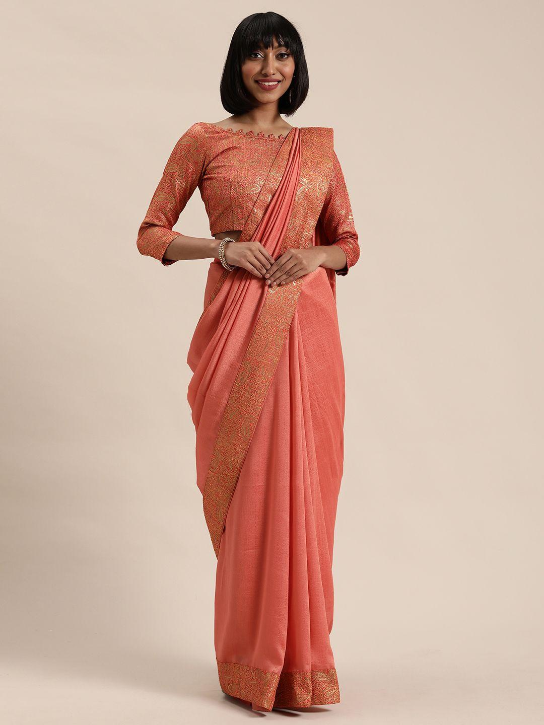 mitera peach-coloured & gold-toned solid saree