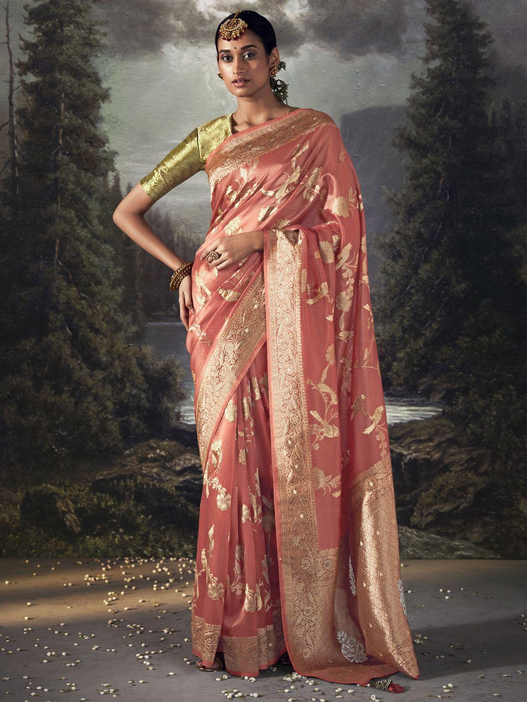 mitera peach-coloured & gold-toned woven design zari tissue banarasi saree