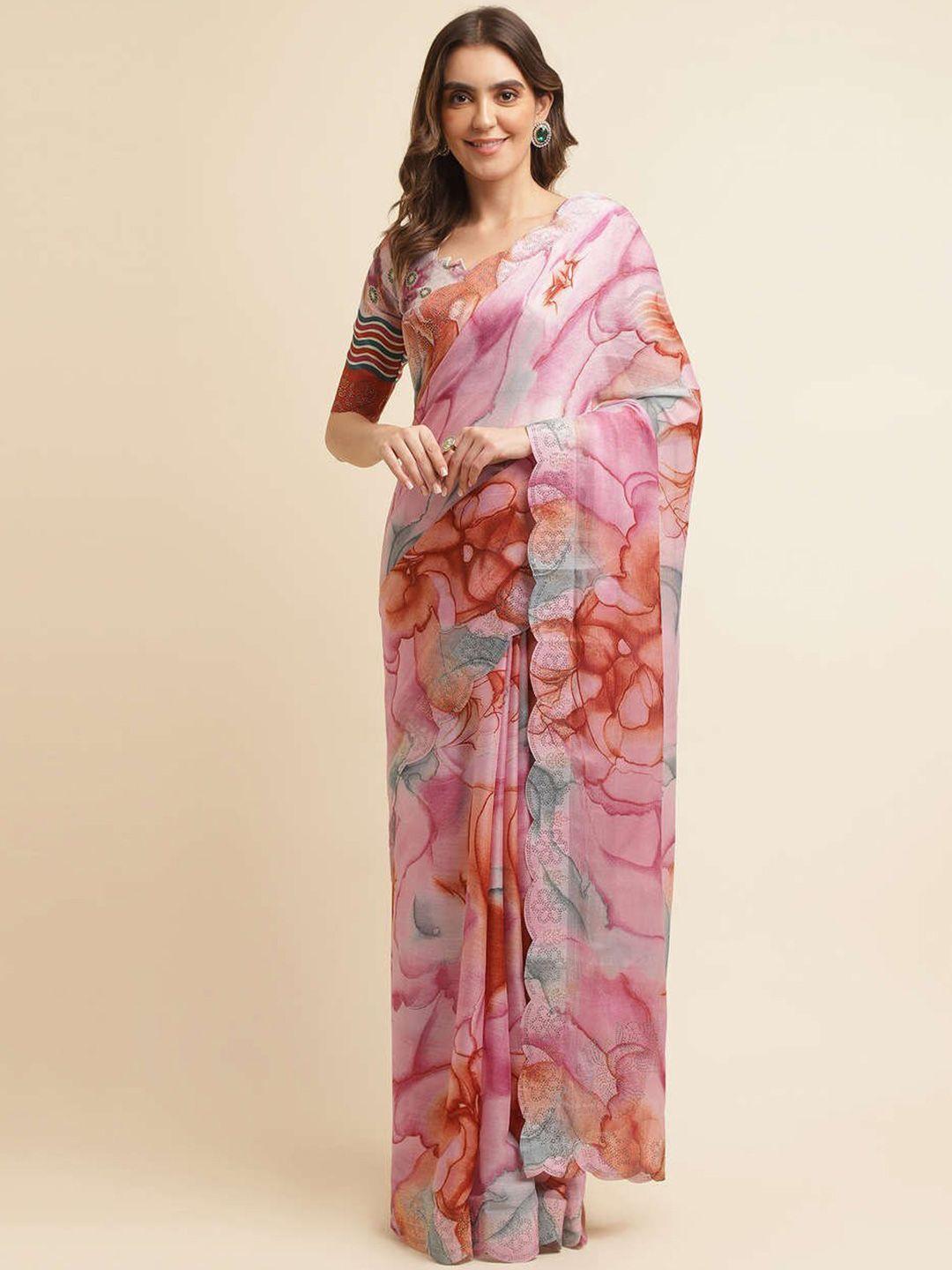 mitera peach-coloured & green floral printed embellished saree