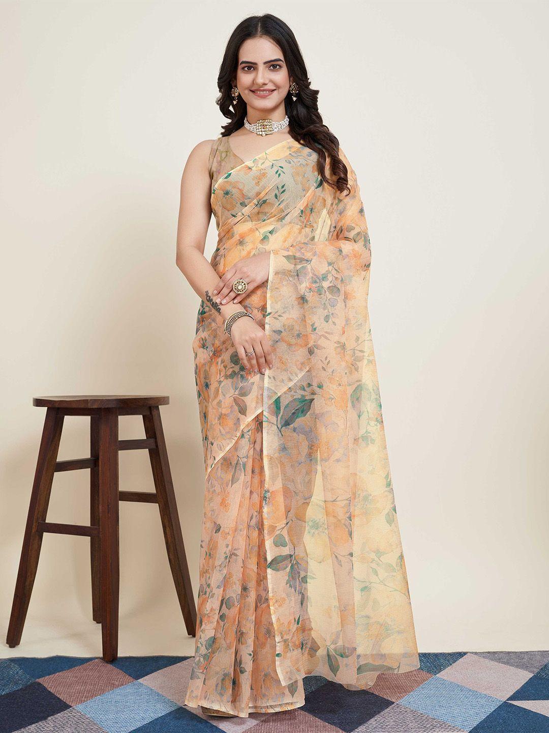 mitera peach-coloured & green floral supernet saree