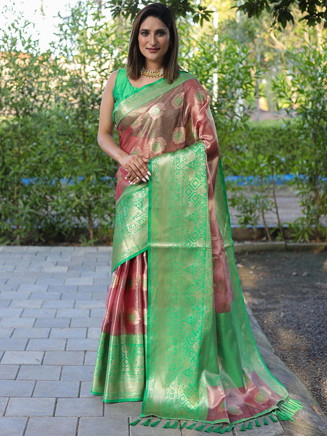 mitera peach-coloured & green floral zari silk blend kanjeevaram saree