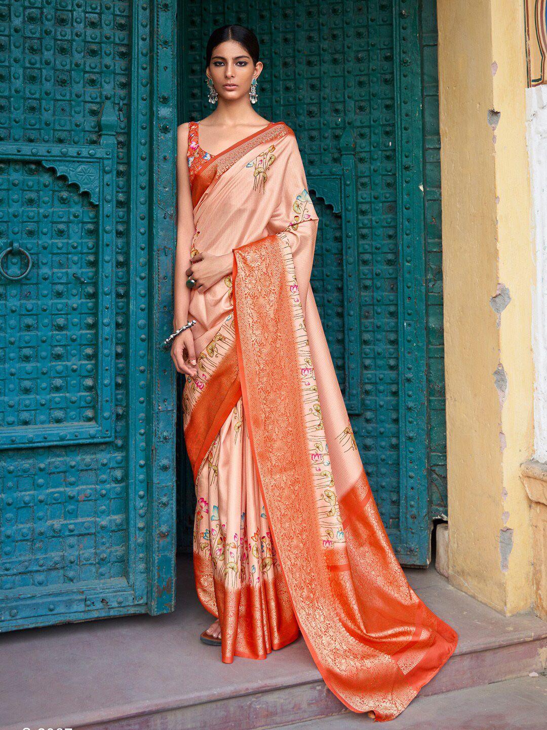 mitera peach-coloured & green floral zari silk blend sungudi saree